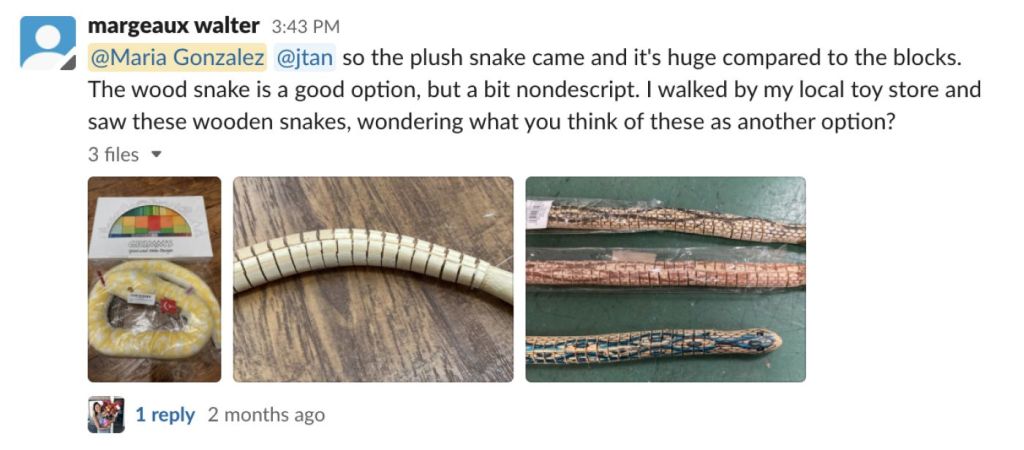 Slack message about props (snakes)