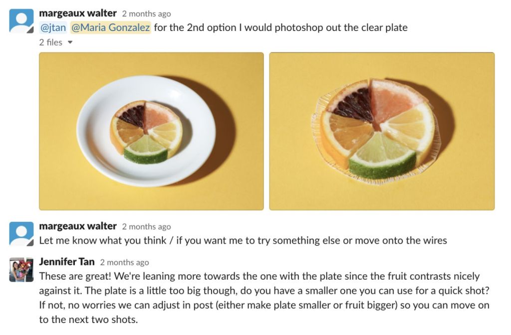 Screenshot of Slack conversation giving feedback on images