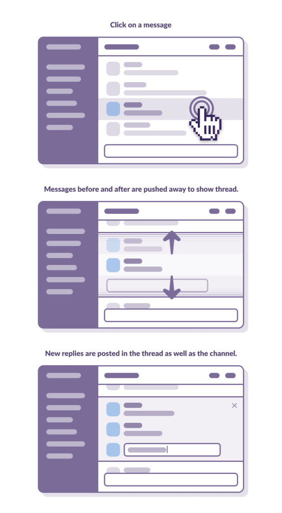 wireframes showing a message with replies; the conversation expands to show the replies when you click it