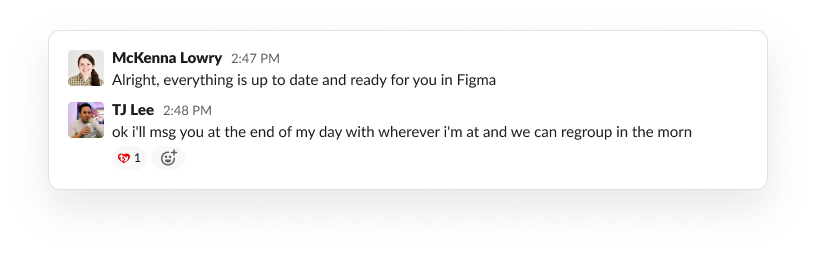 McKenna direct messages TJ to show the shared Figma file is ready for him