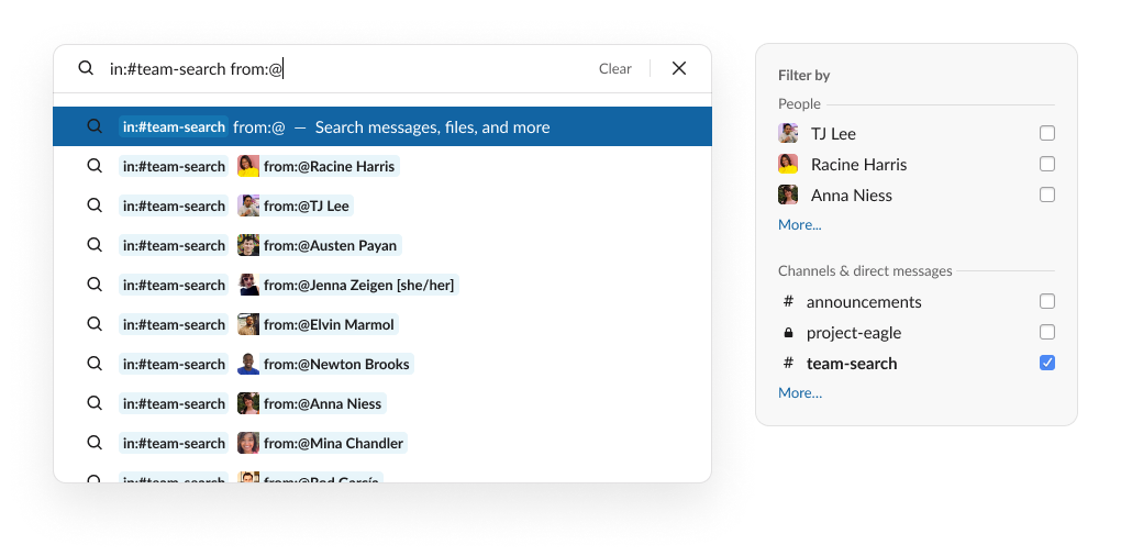 A search in Slack filtered by channels and users