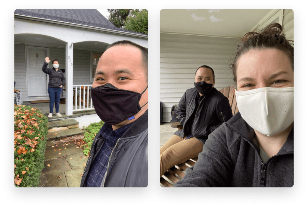 TJ and McKenna share a masked, socially distanced visit on a front porch