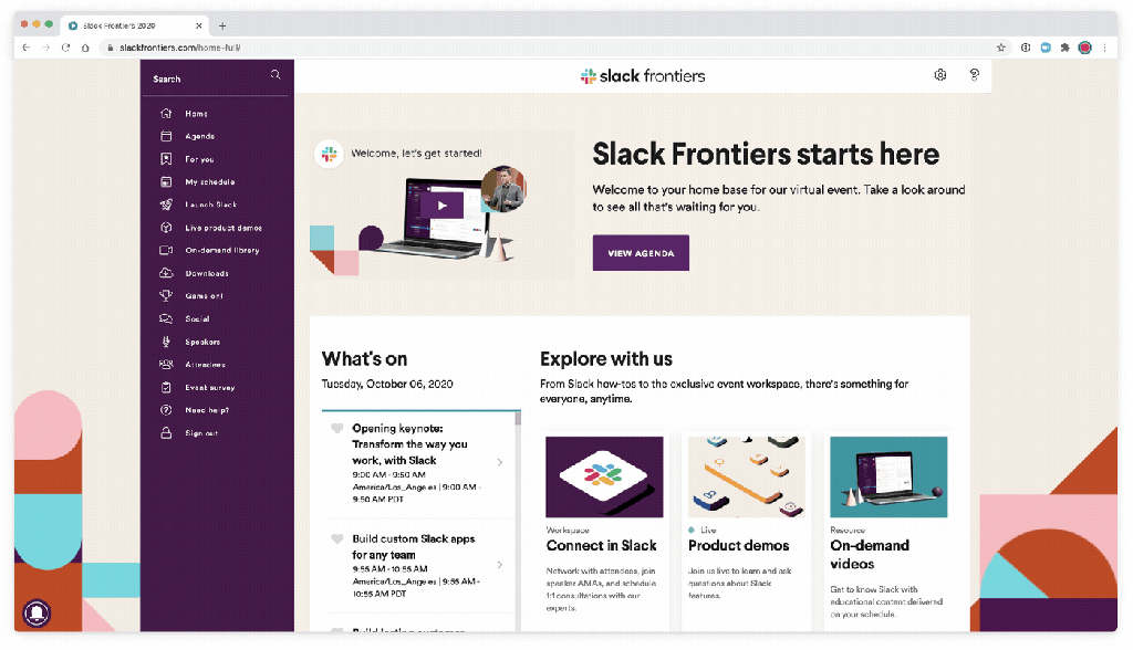 Slack Frontiers website with event schedule, links to content, and animations