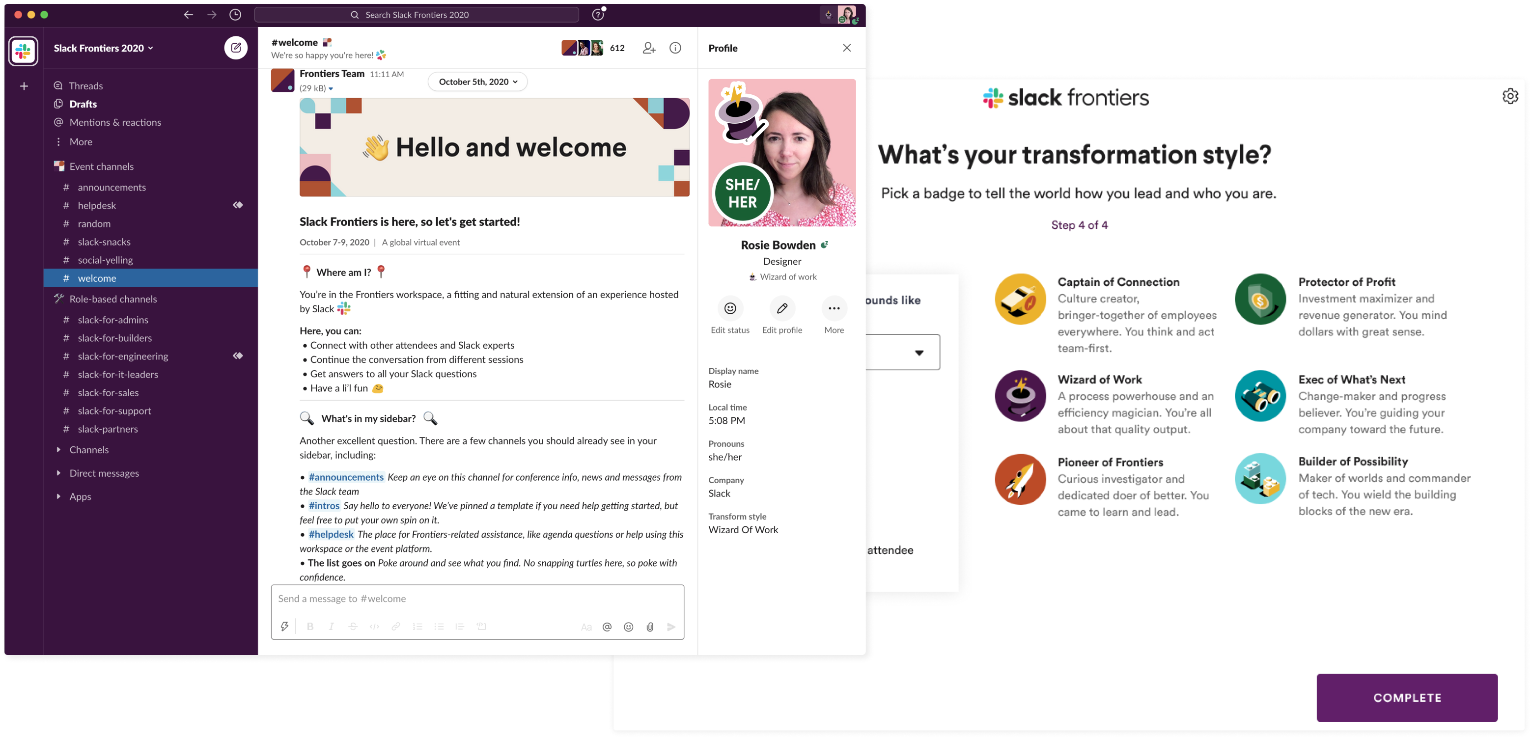 Slack Frontiers workspace with detailed profiles; badges for transformation styles like wizard of work 