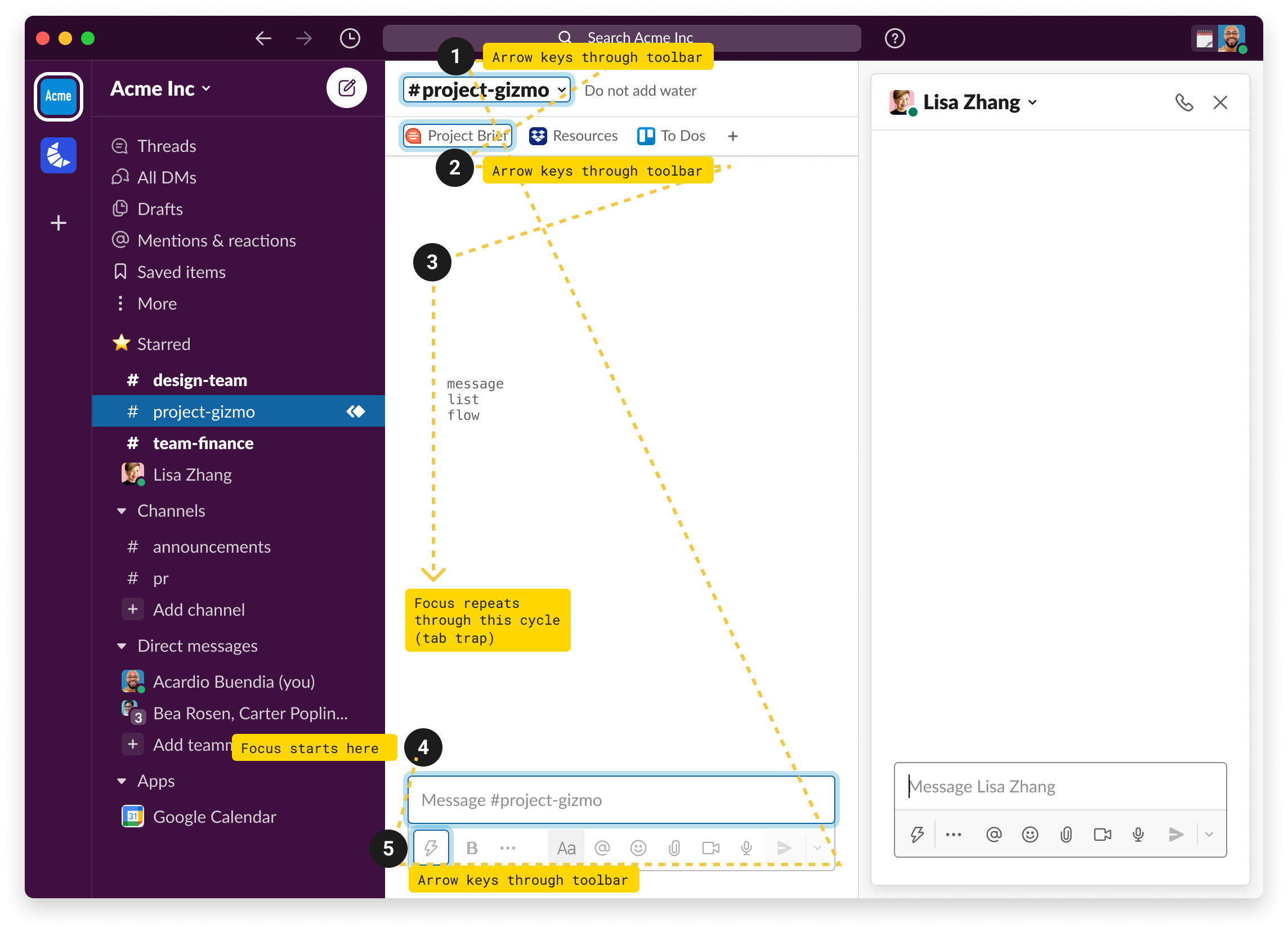 An image of Slacks UI depicting the navigation order within the primary view