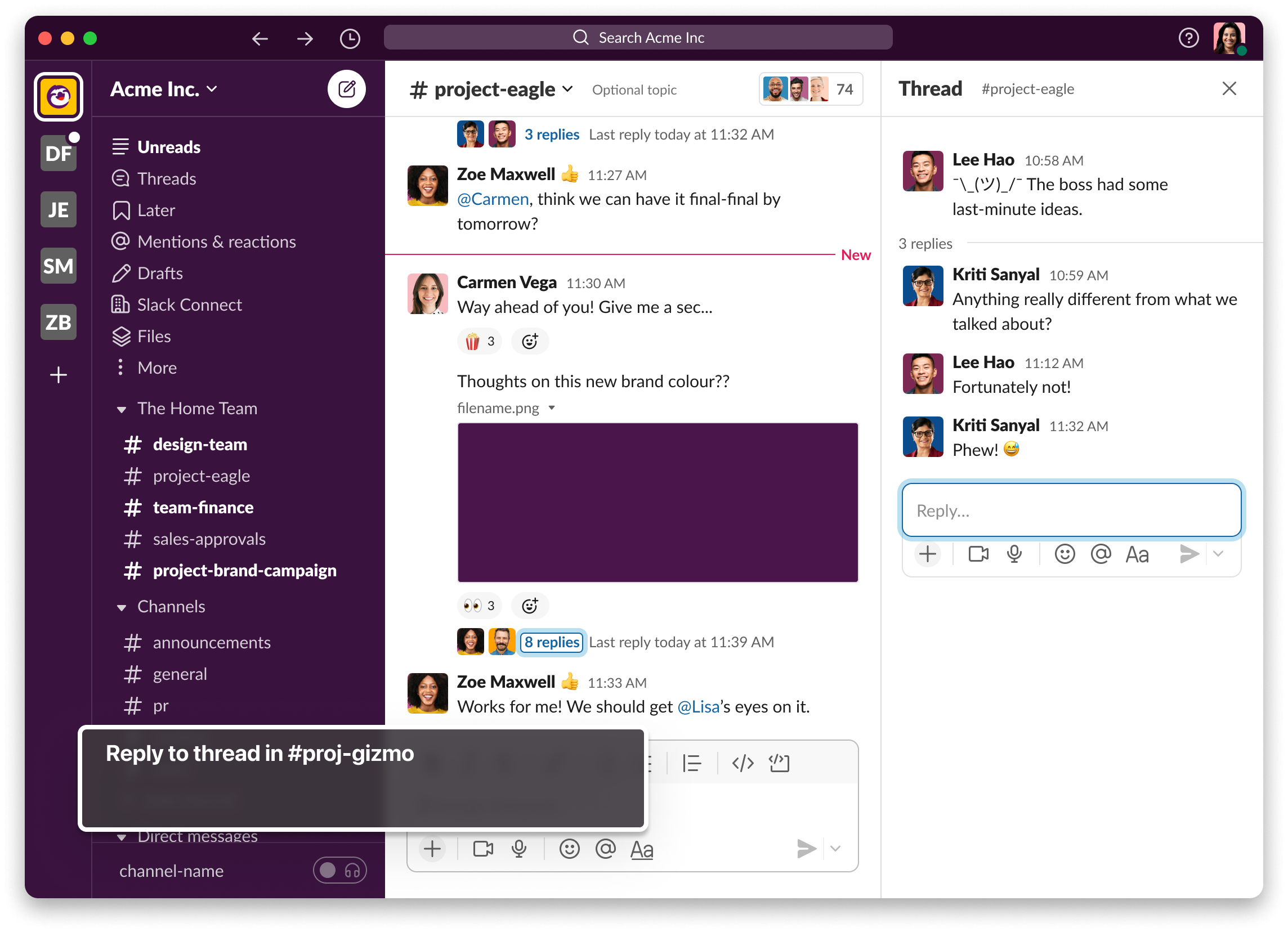 An image of Slack’s UI with keyboard focus on the composer inside of a thread, and a visual depiction of VoiceOver’s announcement “Reply to thread in #proj-gizmo”.
