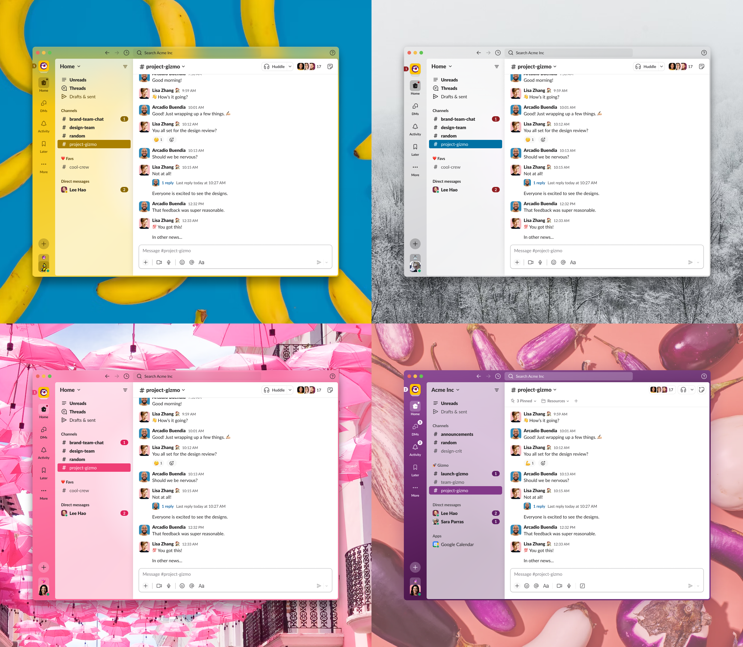 The new Slack design with four different themes applied. Top left features Banana, which showcases a yellow primary color. Top right feature Hoth, which uses a cold gray color. Bottom left is Barbra, which uses a bright pink color. Bottom right is Aubergine, featuring Slack's classic purple color.