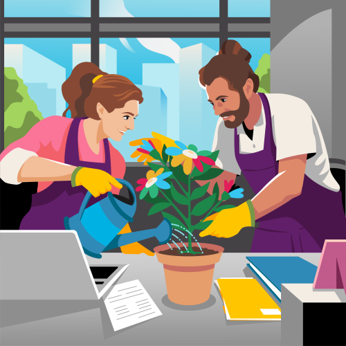 Two coworkers watering a plant in an office symbolizing working together