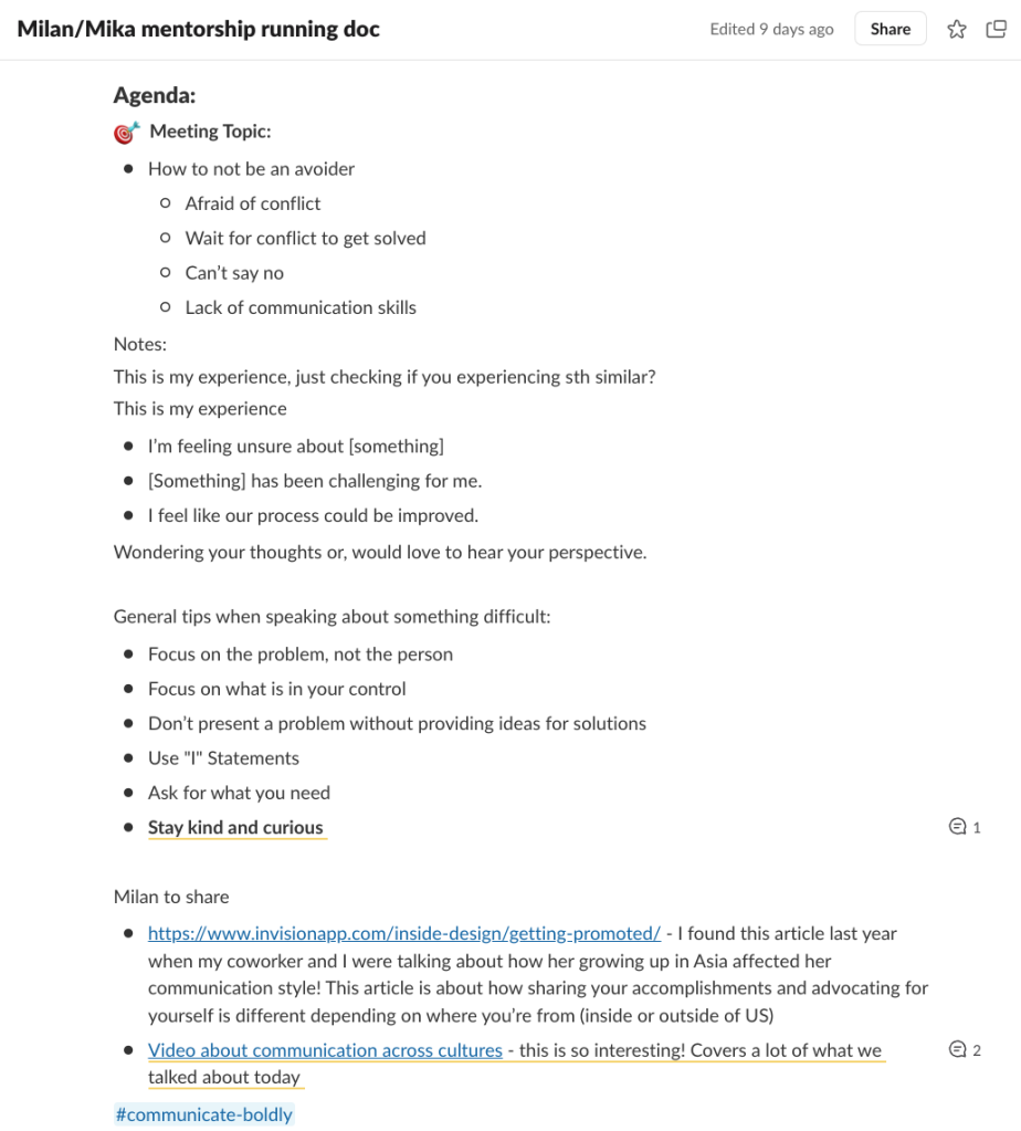 slack canvas with mentorship planning notes from Milan and Mika