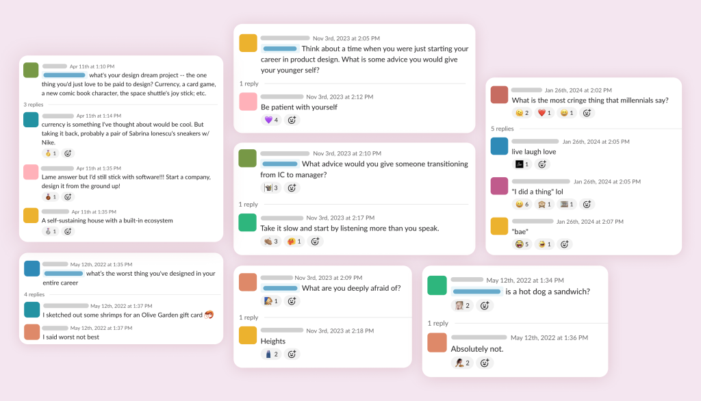 A collection of slack messages from various designers at Slack.