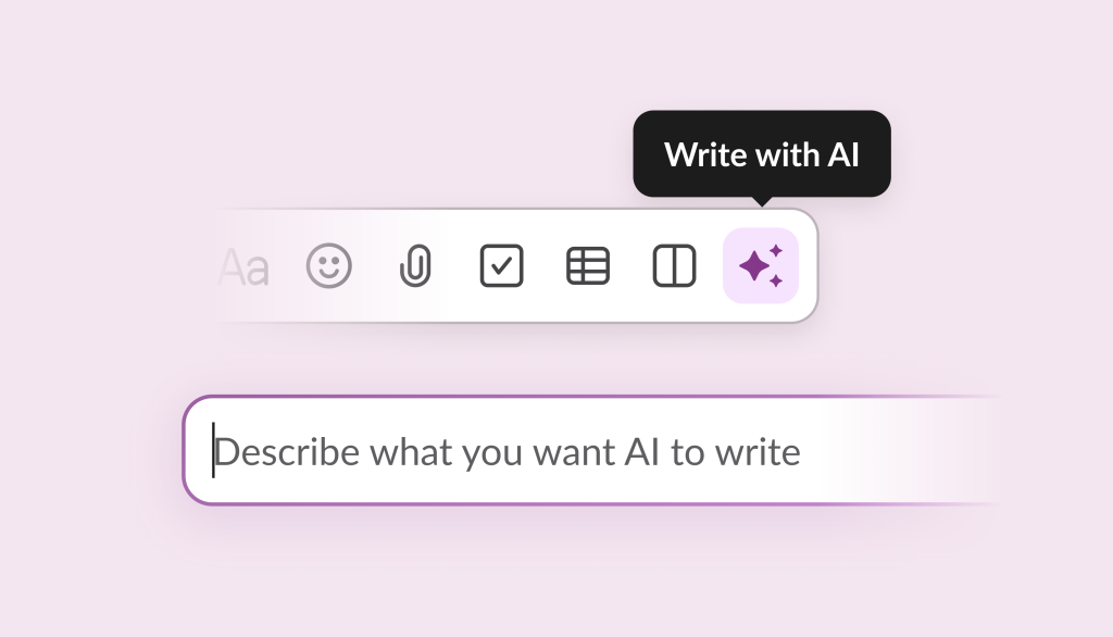 Image of a slack tooltip with the words write with ai appearing on hover.